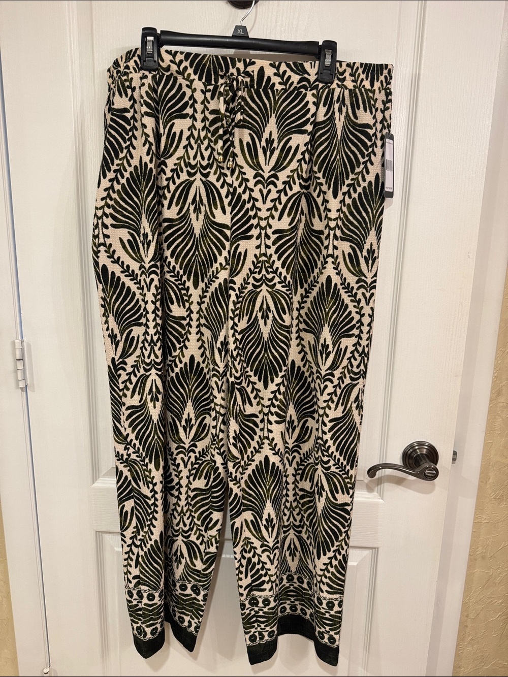 Soho Apparel Beige and Black Wide Leg Pants with Botanical Motif